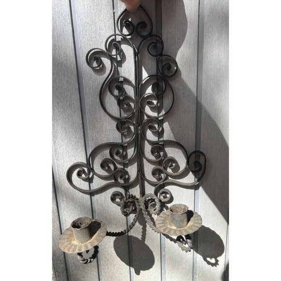 Vintage Large Wrought Iron Double Wall Candle Sconce Rustic Brutalist Castle - Picture 9 of 14
